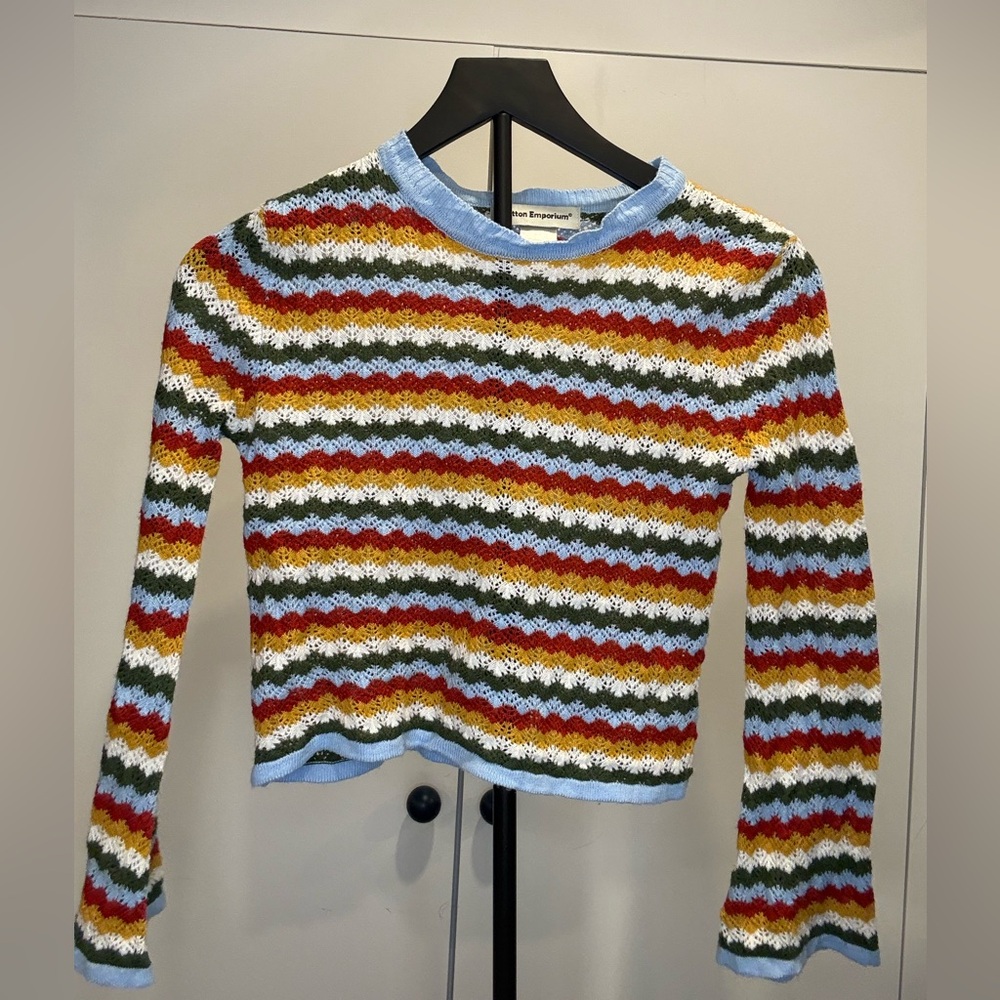 Cotton Emporium Multicolor Striped Crochet Long-Sleeve Top